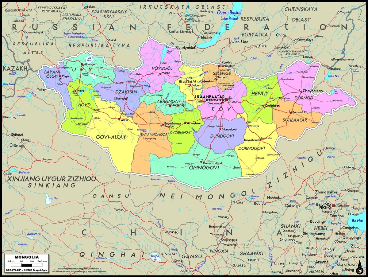 fysieke kaart van Mongolië